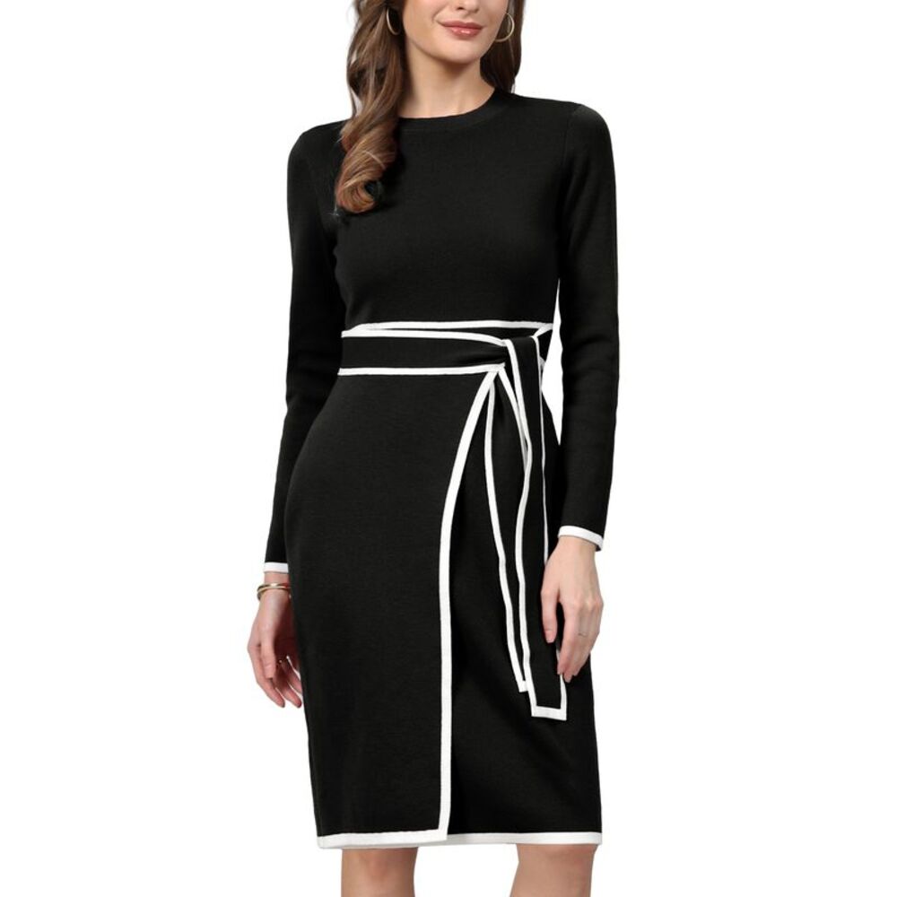 Women Casual Contrast Color Faux Wrap Long Sleeve Sweater Dress Black
